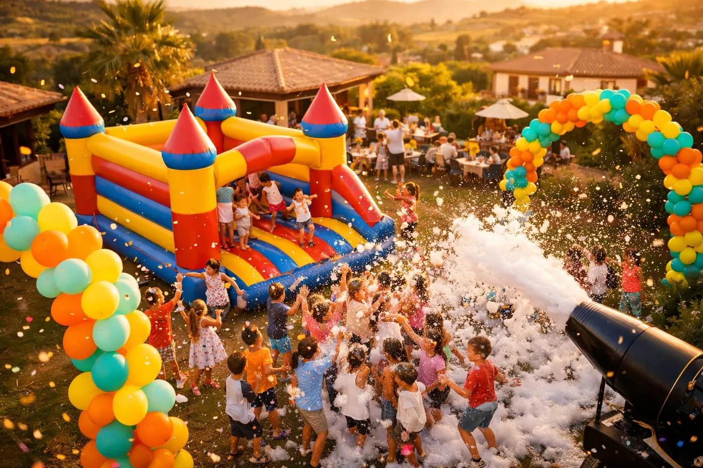 Fiesta infantil con castillo hinchable y espuma